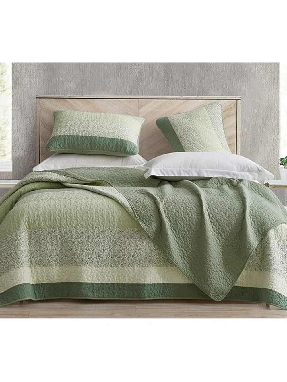 Green Striped Twin 2 piece Quilted Bedspread Set 100% cotton